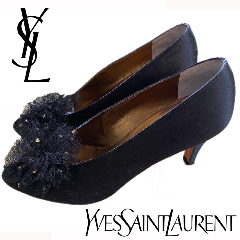 YSL Yves Saint Laurent VINTAGE 80's 6 1/2 Black Heels Tulle Sequin Pom Holidays
